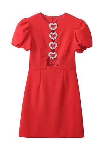 Kısa Kollu Kırmızı Taşlı Kalp Detaylı Mini Şık Elbise - Görsel 2