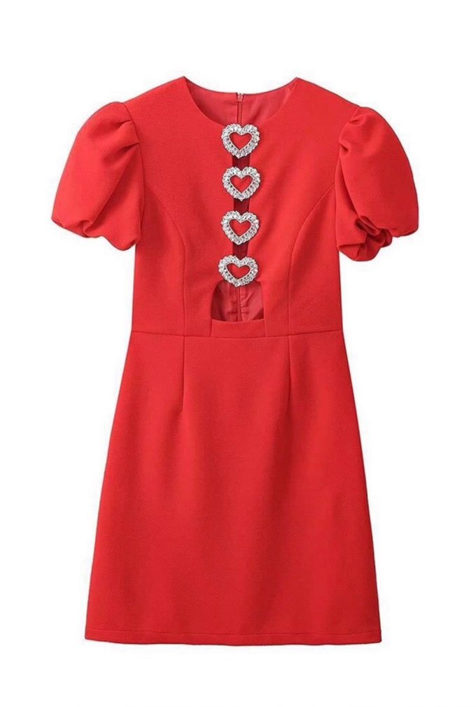 Kısa Kollu Kırmızı Taşlı Kalp Detaylı Mini Şık Elbise - Görsel 2