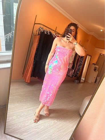Alfabeta Pembe İp Askılı Pullu Midi Elbise