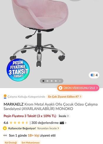 Ayarlanabilir Krom Ayaklı Pembe Çocuk Çalışma Sandalyesi