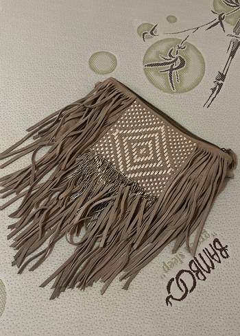 Bej Nakışlı Püsküllü Süet Bohem Clutch Çanta