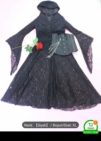 Siyah Dantel Uzun Gotik Elbise set korse ile beraber full set - Görsel 3