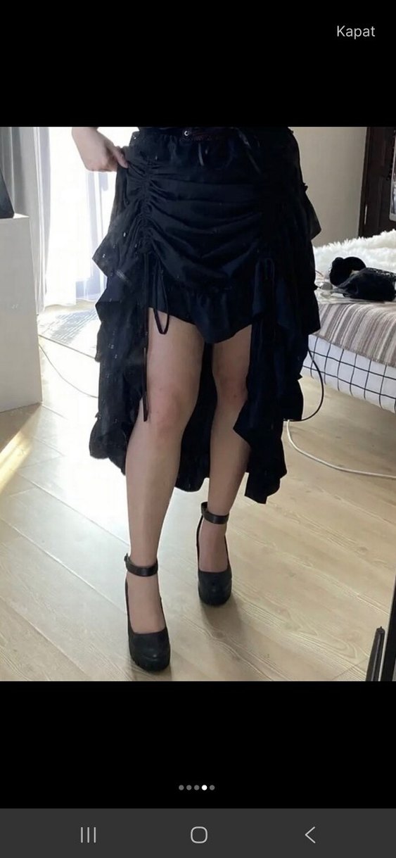 Siyah Gotik Uzun Fırfırlı Kadın Etek - Görsel 4