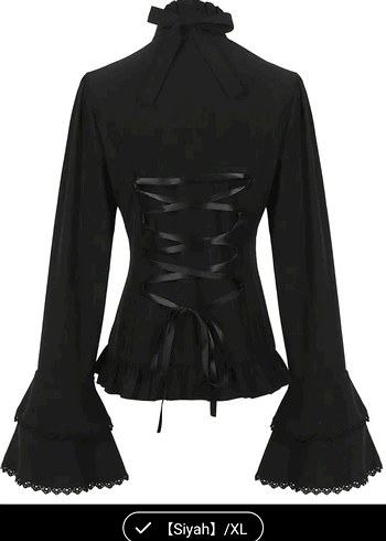 Uzun Kollu Siyah Gotik Fırfırlı Gömlek - Görsel 2