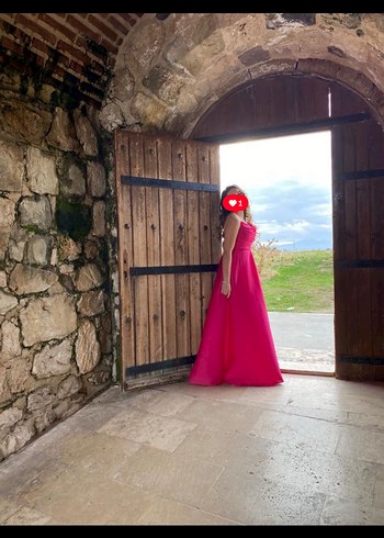 Abiye Pembe Drapeli Straplez Uzun Abiye