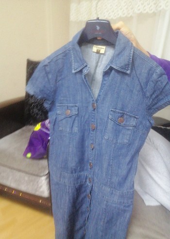 Düğmeli Kısa Kollu Denim elbise - Görsel 4