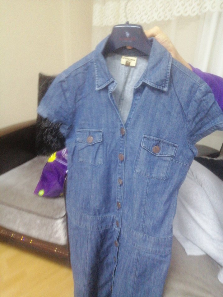 Düğmeli Kısa Kollu Denim elbise - Görsel 4