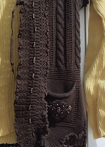 Kahverengi Nakışlı Örgü Bohem Yelek - Görsel 8