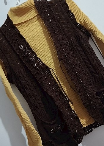 Kahverengi Nakışlı Örgü Bohem Yelek - Görsel 3
