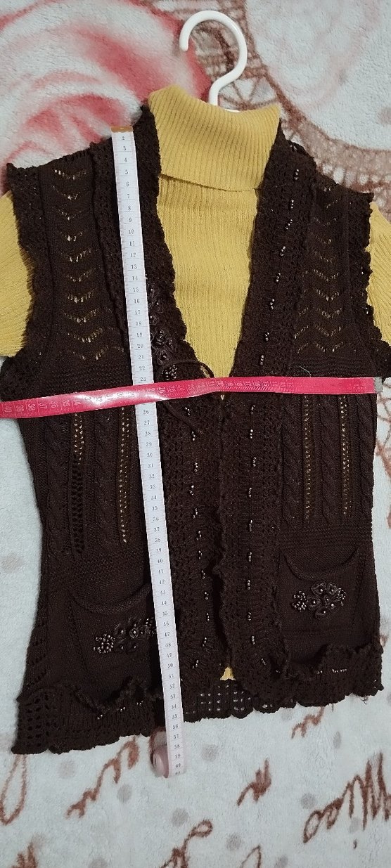 Kahverengi Nakışlı Örgü Bohem Yelek - Görsel 4