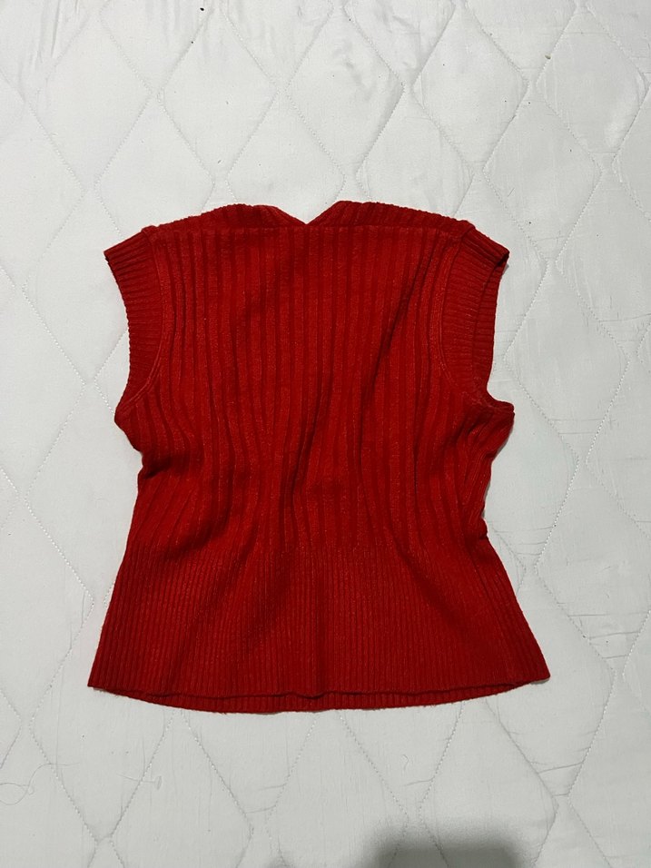 Kırmızı V Yaka Kolsuz Triko Kazak - Görsel 2