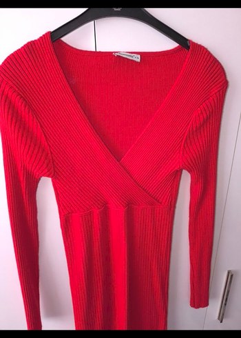 Kırmızı V Yaka Uzun Kollu Triko Elbise (s-m) - Görsel 5