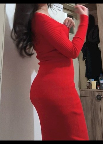 Kırmızı V Yaka Uzun Kollu Triko Elbise (s-m) - Görsel 3