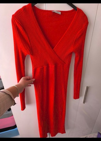 Kırmızı V Yaka Uzun Kollu Triko Elbise (s-m) - Görsel 4