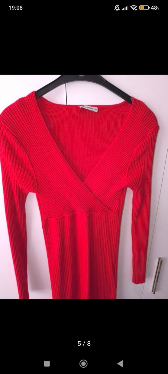 Kırmızı V Yaka Uzun Kollu Triko Elbise (s-m) - Görsel 5