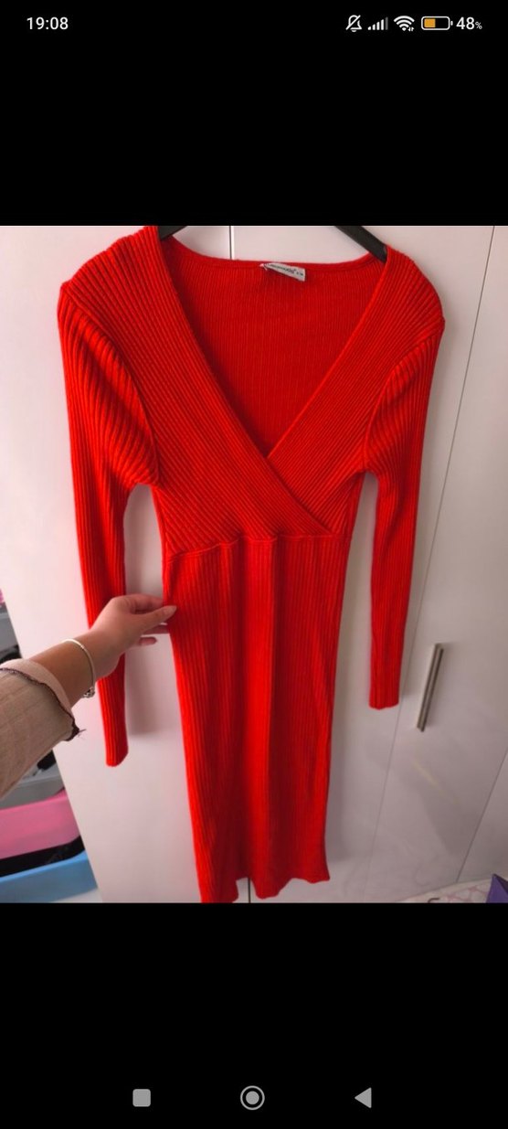 Kırmızı V Yaka Uzun Kollu Triko Elbise (s-m) - Görsel 4