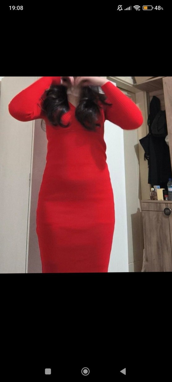 Kırmızı V Yaka Uzun Kollu Triko Elbise (s-m) - Görsel 2