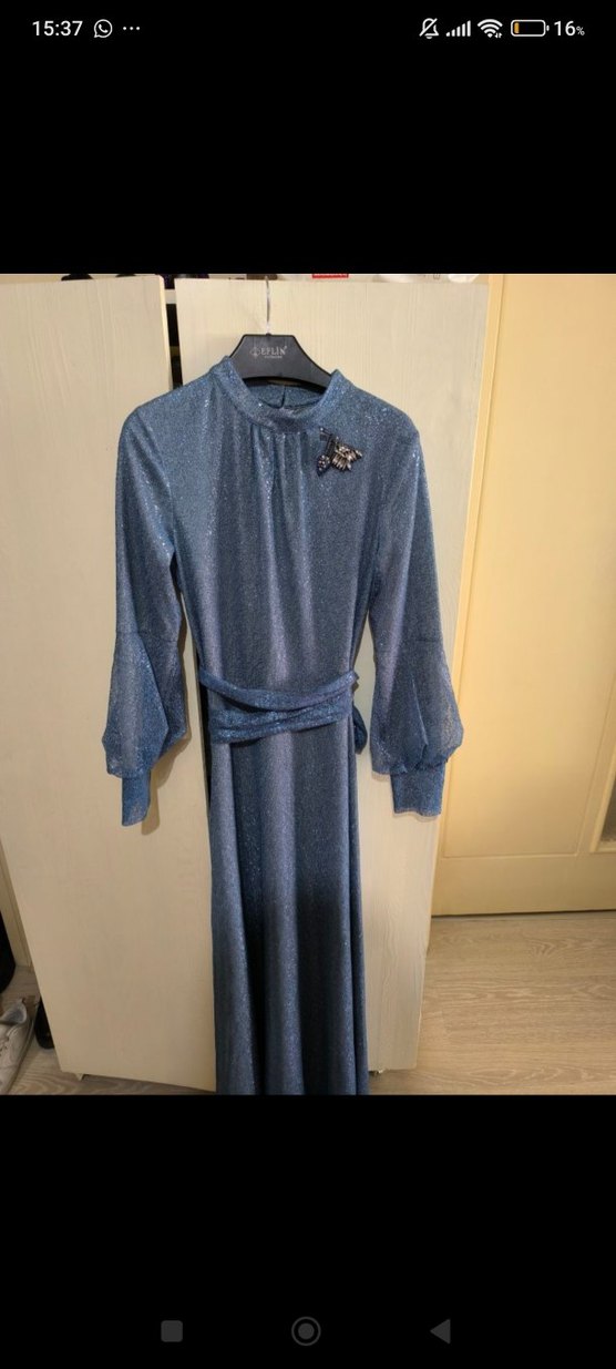 Kadın Tesettür Mavi Simli Abiye - Görsel 2