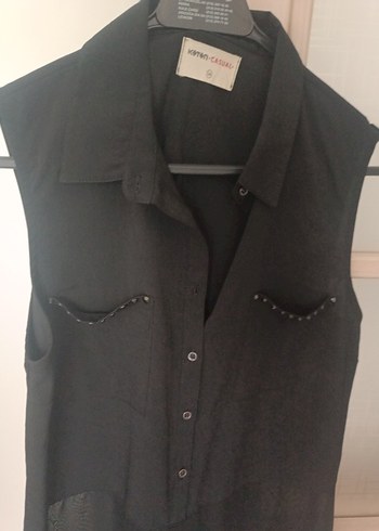 Düğmeli Siyah Kolsuz Kadın Gömlek - Görsel 2