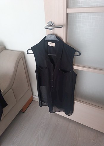 Düğmeli Siyah Kolsuz Kadın Gömlek - Görsel 3