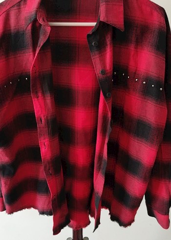 Kırmızı Siyah Desenli Boncuklu Salaş Gömlek - Görsel 4