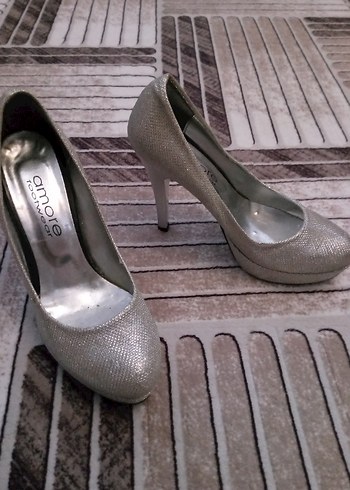 Gri Simli Stiletto Yılan Desenli Kadın Topuklu - Görsel 5