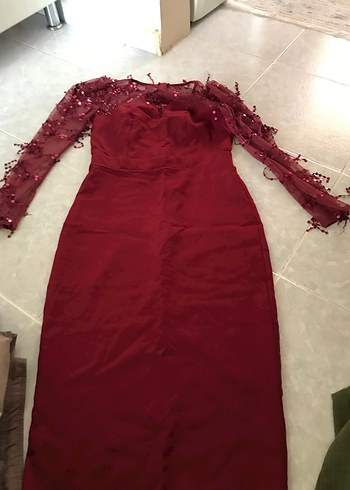 Bordo Drapeli Uzun Abiye Elbise - Görsel 2