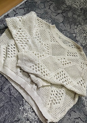 Bohem Uzun Kollu Beyaz Örgü Kadın Kazak - Görsel 3