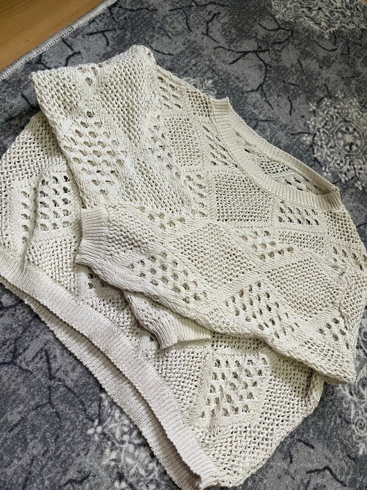 Bohem Uzun Kollu Beyaz Örgü Kadın Kazak - Görsel 3