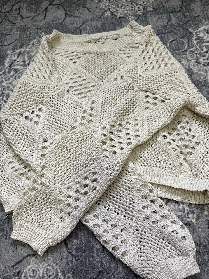 Bohem Uzun Kollu Beyaz Örgü Kadın Kazak - Görsel 2