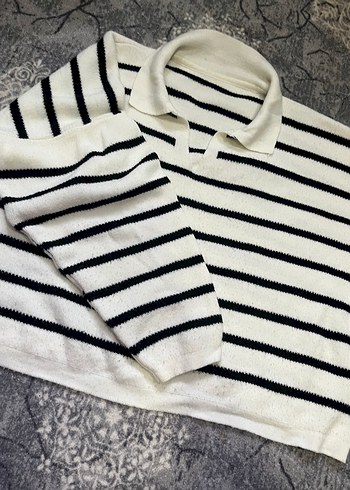 Çizgili Uzun Kollu Kadın Triko Kazak - Görsel 2