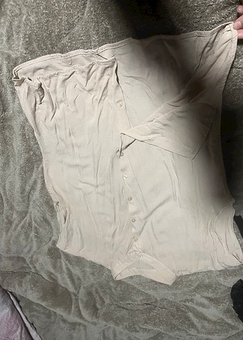 Bej Keten Düğmeli Kadın Gömlek - Görsel 3