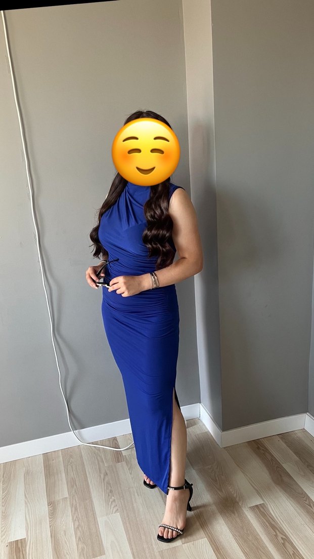 Uzun Mavi Drapeli Yüksek Yaka Abiye Elbise - Görsel 2