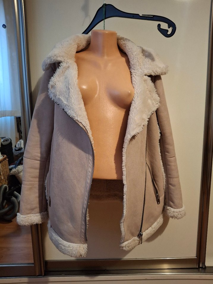 pull&bear Kürklü Bej Süet Kadın mont - Görsel 5