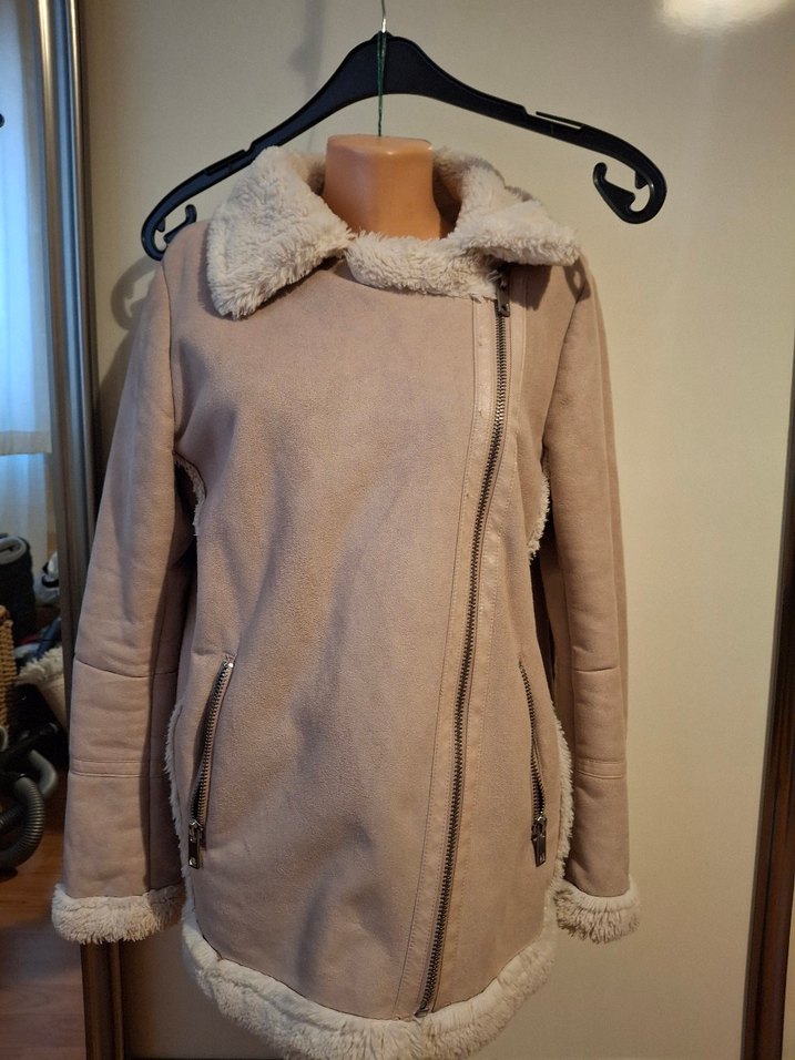 pull&bear Kürklü Bej Süet Kadın mont - Görsel 2