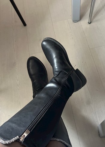 Siyah Deri Dizüstü Topuklu Bot - Görsel 2
