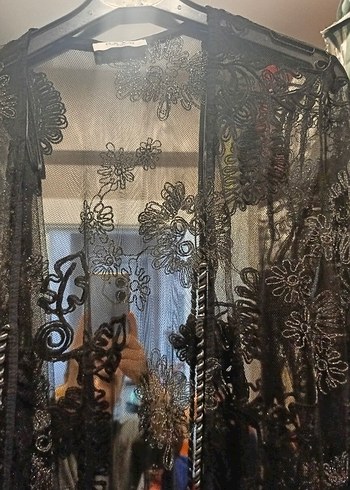 Dantel İşlemeli Siyah Uzun Kimono - Görsel 2