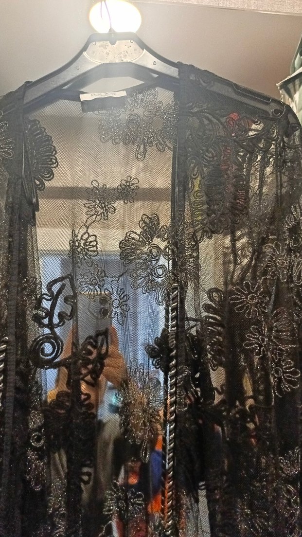 Dantel İşlemeli Siyah Uzun Kimono - Görsel 2