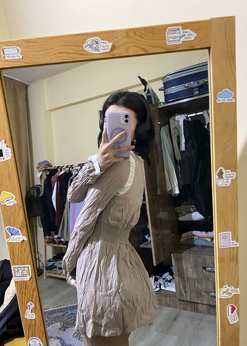 Bej Midi Uzun Kollu V Yaka Salaş Elbise - Görsel 2