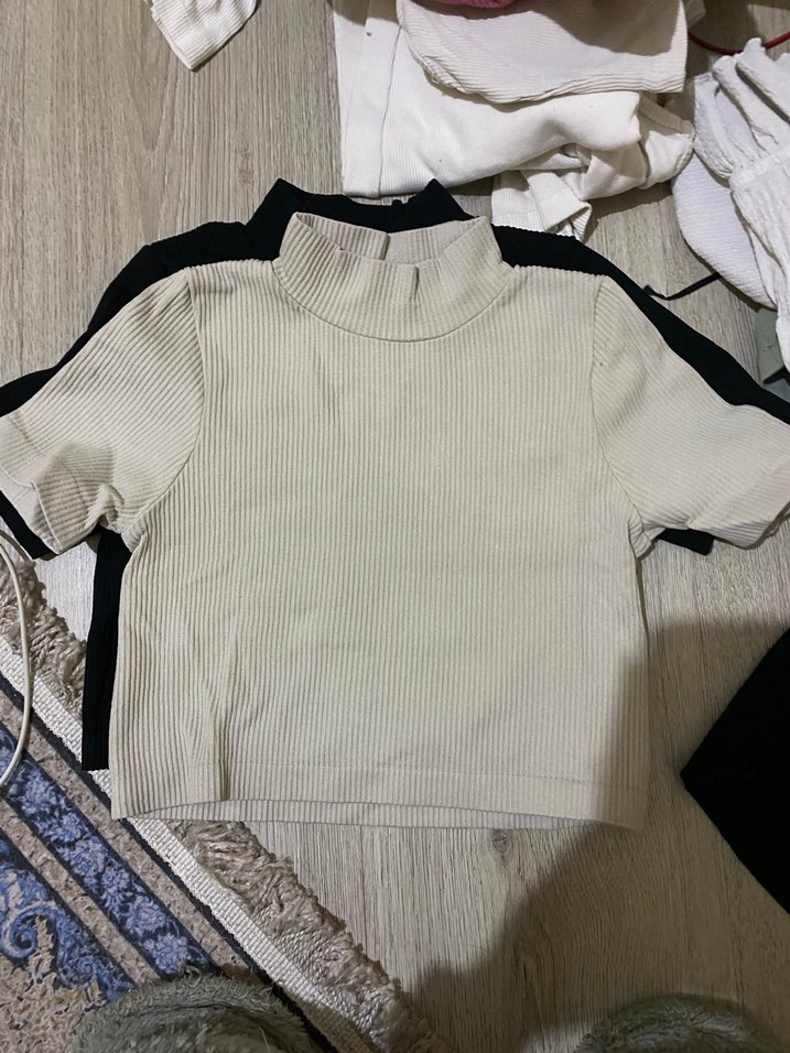 Siyah ve bej Kısa Kollu Boğazlı Kadın Tişört - Görsel 2