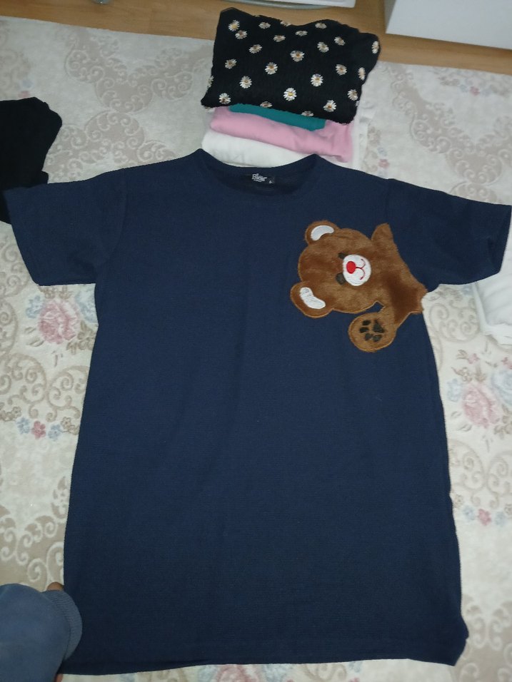 Kız Çocuk Lacivert Tişört, Kısa Kollu, Ayıcık Detaylı - Görsel 2