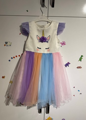 Çok Renkli Kız Çocuk Unicorn Elbise