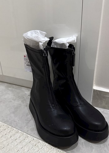 Siyah Deri Fermuarlı Wedge Topuklu Goth Bot