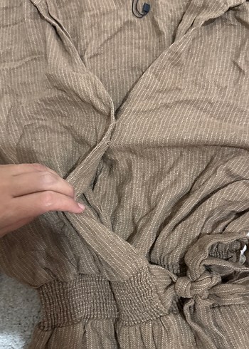 Kadın Kahverengi Keten Bol Kesim Tulum - Görsel 3