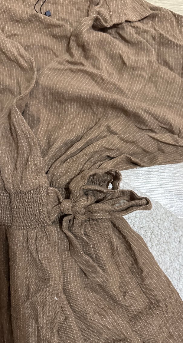 Kadın Kahverengi Keten Bol Kesim Tulum - Görsel 4