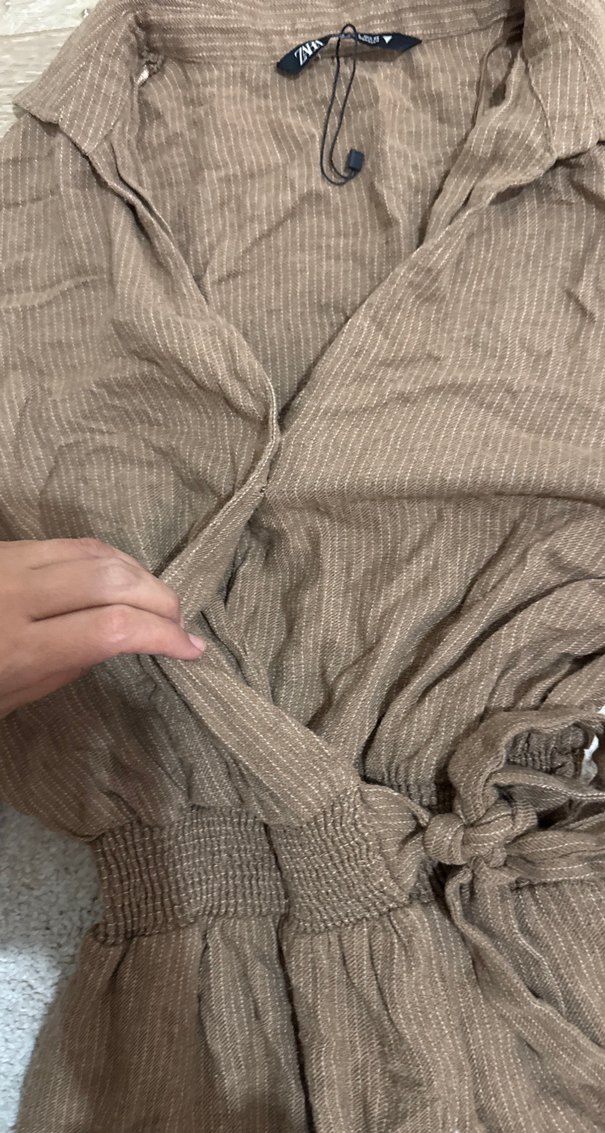 Kadın Kahverengi Keten Bol Kesim Tulum - Görsel 3