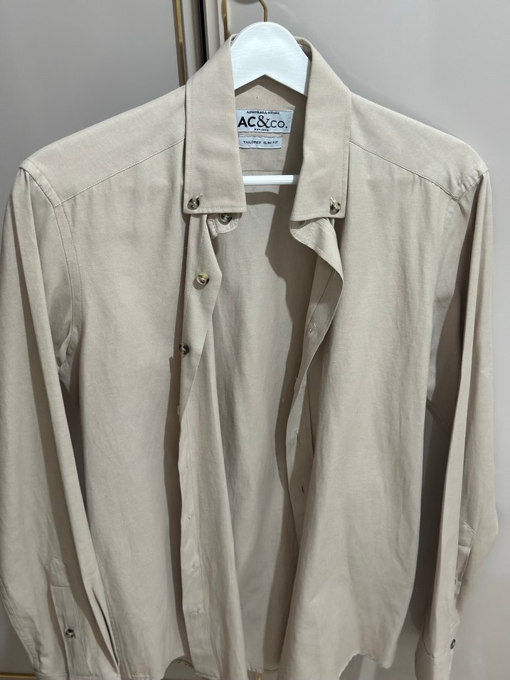 Bej Pamuklu Erkek Düğmeli gömlek - Görsel 2