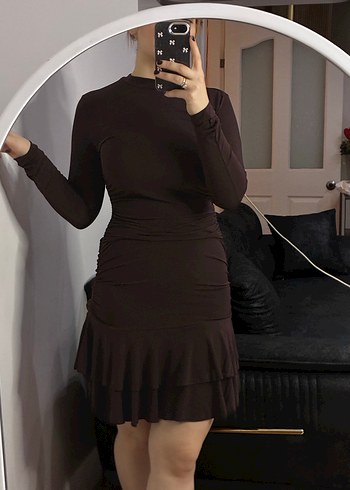 Kahverengi Mini Elbise - Görsel 3