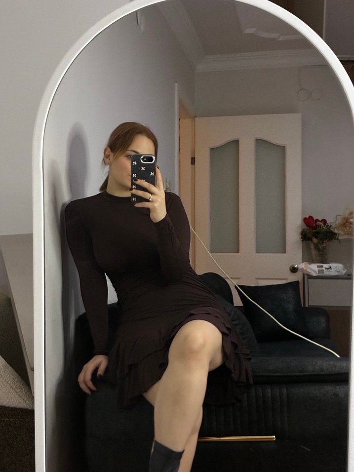 Kahverengi Mini Elbise - Görsel 5