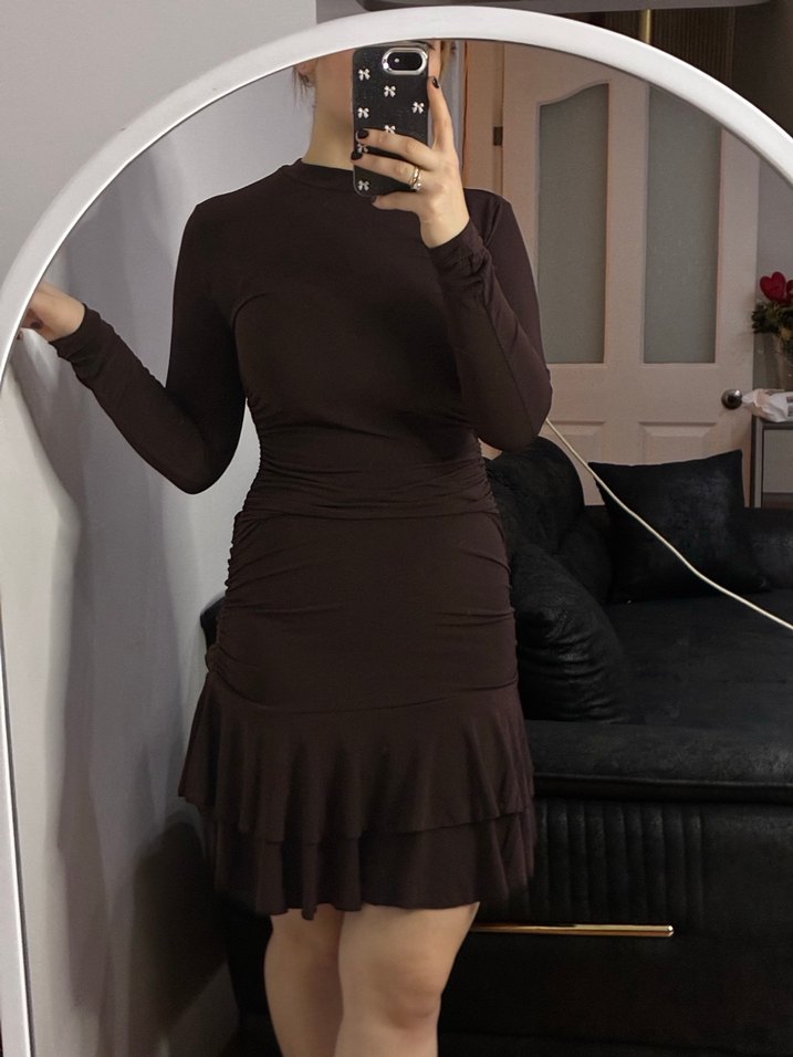 Kahverengi Mini Elbise - Görsel 3